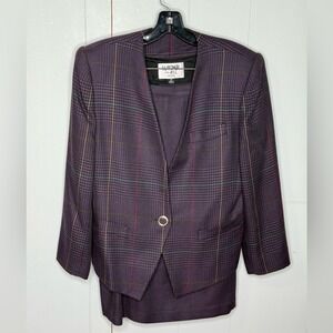 VTG Kasper Vintag 80s Power Suit Plaid Tweed Blazer Skirt Set Grannycore Classic